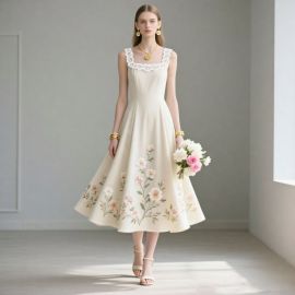 Vintage Lace-Trimmed Embroidered Floral Midi Dress - Elegant Summer Style