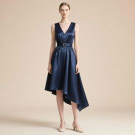 Elegant Navy Blue Satin Asymmetric Sleeveless V - Neck Midi Dress with Belt
