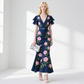 Navy Blue Rose Embroidered Maxi Dress - V-Neck Ruffle Sleeves & Belted Mermaid Silhouette