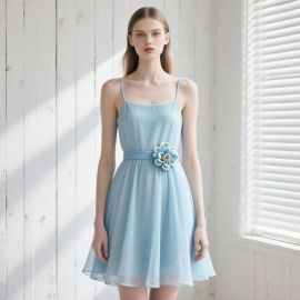 Light Blue Spaghetti Strap Chiffon Dress with Floral Waist Accent - Summer Bridesmaid & Party Wear