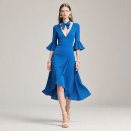 Elegant Blue High-Low Hem Dress with Bow Tie & Flare Sleeves