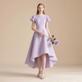 Lavender High-Low Hem Dress with Flutter Sleeves - Elegant Midi Gown for Women