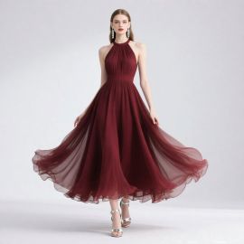 Burgundy Halter Neck Flowy Midi Dress - Elegant Evening Party Gown