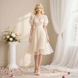 Chic Vintage Lace Dress: Puffy Sleeves & Tulle Midi Skirt - Elegant Party Gown