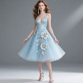 Elegant Light Blue Deep V-Neck Sequined Floral Tulle Prom Dress