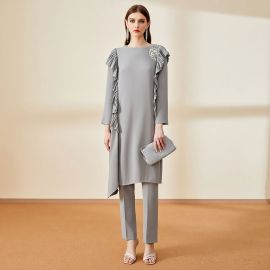 Light Gray Ruffled Long - Sleeve Dress & Pants Set: Elegant Formal Women's Outfit