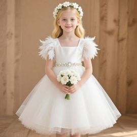White Flower Girl Dress with Feather Sleeves & Tulle Skirt - Elegant Wedding Party Gown