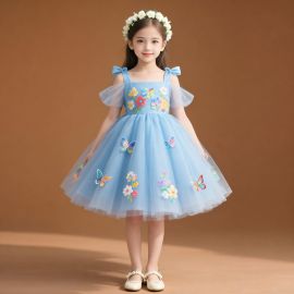 Girls' Blue Butterfly Flower Embroidered Princess Tutu Dress