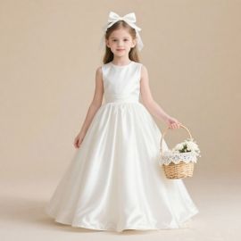 Elegant White Sleeveless Long Flower Girl Dress for Weddings & Events