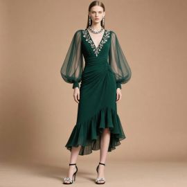 Emerald Green V-Neck Embroidered Sheer Sleeve High-Low Ruffle Midi Dress