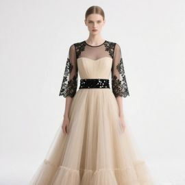 Champagne Tulle Gown with Black Lace Sleeves & Sequined Waist - Elegant Evening Dress
