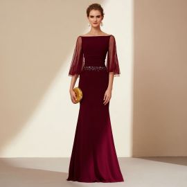 Elegant Burgundy Evening Gown with Sheer Sleeves & Embellished Waist - Formal Long Dress