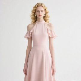 Elegant Pink Halter Neck Ruffled Off - Shoulder Midi Dress