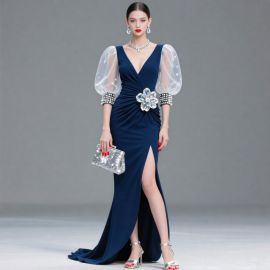 Elegant Navy Blue Evening Gown: Sheer Puff Sleeves, Floral Waist, High Slit - Formal Dress