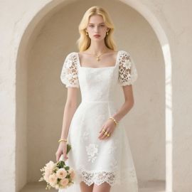 Elegant White Lace Short-Sleeve Square Neck Wedding Dress - Bridal Gown for Modern Brides