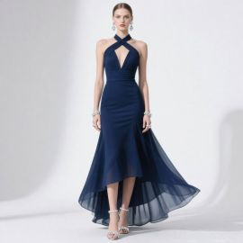 Navy Blue Halter Neck High-Low Evening Gown with Deep V-Neck
