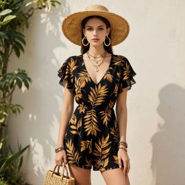 Women's Summer Tropical Leaf Print V - Neck Ruffle Sleeve Casual Beach Romper