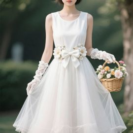 Elegant White Sleeveless Dress with Floral Bowknot & Lace Gloves - Romantic Summer Style