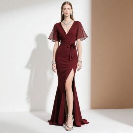 Burgundy V-Neck Short Sleeve Evening Gown with High Slit - Elegant Formal Dress