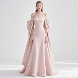 Elegant Off - Shoulder Pink Gown with Cape, Chic Evening Dress for Formal Events