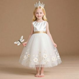 Charming Girls White Sleeveless Dress: Embroidered Floral Skirt & Gold Belt for Weddings & Parties