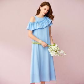 Light Blue Off - Shoulder Ruffled Midi Dress - Summer Chic Style