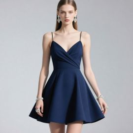 Elegant Navy Blue Spaghetti Strap Short Dress with Wrap Bodice & Flared Skirt