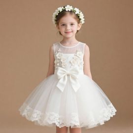 Kids Girls White Tulle Dress with Lace Flowers & Big Bow - Wedding Party Gown