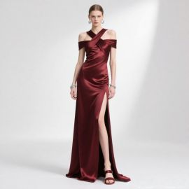 Burgundy Satin Off - Shoulder Gown with Crisscross Neck & High Slit