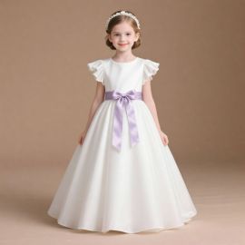 Elegant White Flower Girl Dress with Ruffled Sleeves & Lavender Sash - Wedding/Party Ready
