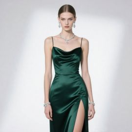 Emerald Green Satin Spaghetti Strap High-Slit Evening Gown - Elegant Cowl Neck Design