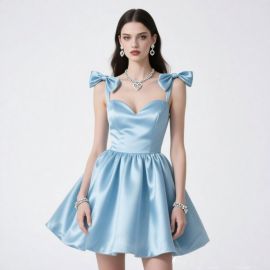 Light Blue Satin Short Dress with Bow Straps - Elegant Party Cocktail Gown