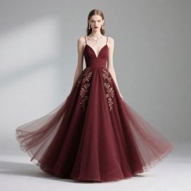 Burgundy Spaghetti Strap Embroidered Tulle Long Evening Dress