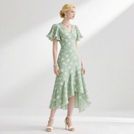 Elegant Green Floral Print Midi Dress with Ruffled Sleeves & Asymmetric Hem