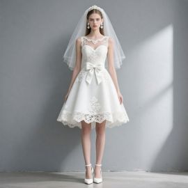 Charming Short Sleeveless Lace Wedding Dress with Big Bow - A-line Bridal Gown