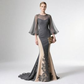 Elegant Evening Gown: Sheer Bell Sleeves, Lace Embroidery, Color-Block Mermaid Skirt with Train