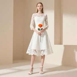 Elegant White Lace Midi Dress with 3/4 Sleeves - Chic & Timeless Style