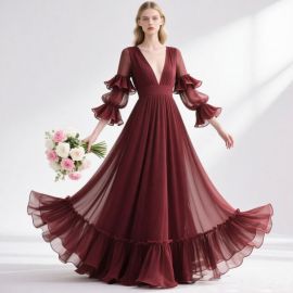 Burgundy Deep V-Neck Long Sleeve Chiffon Gown with Ruffled Sleeves & Tiered Skirt