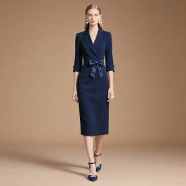 Elegant Navy Blue Blazer Dress with Bow Belt - Women's Office Chic