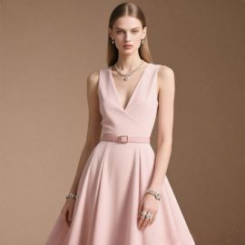 Elegant Pink Sleeveless V-Neck Dress with Belted Waist - Chic A-Line Skirt for Women