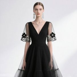 Elegant Black Deep V-Neck Gown with Floral Embellished Mesh Sleeves & Tiered Tulle Skirt