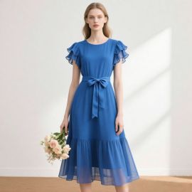 Elegant Blue Chiffon Dress with Ruffled Sleeves & Bow Belt - Summer Style for Women