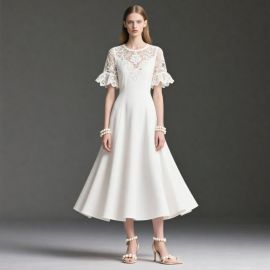 Elegant White Midi Dress with Lace Embroidery & Flounce Sleeves