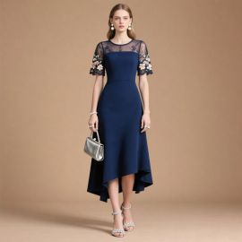 Navy Blue High - Low Dress with Lace & Floral Embroidered Short Sleeves