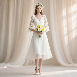 Elegant White Tea - Length Wedding Dress with Lace Sleeves & V - Neck