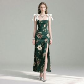 Emerald Green Floral Print Bow-Shoulder High Slit Maxi Evening Dress