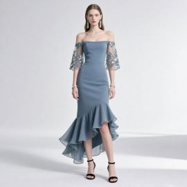 Elegant Off - Shoulder Lace Sleeves Light Blue Mermaid Hem Evening Dress