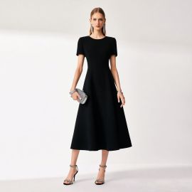 Elegant Black Midi Dress - Short Sleeve Slim Fit for Parties & Formal Events