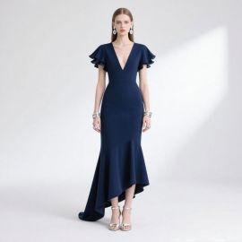 Navy Blue Mermaid Gown: Deep V-Neck Ruffled Sleeves High-Low Hem Evening Dress