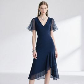 Navy Blue V-Neck Short Flutter Sleeve Asymmetric Hem Midi Dress